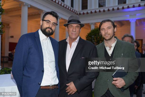 Poet Gabriele Tinti, actor Robert Davi and filmmaker Oscar Sharp attend BritWeek at The Getty Villa on May 8, 2018 in Pacific Palisades, California.