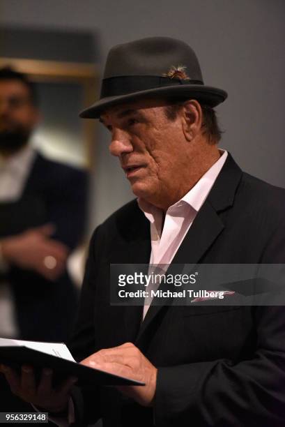 Actor Robert Davi recites poet Gabriele Tinti's poetry at BritWeek at The Getty Villa on May 8, 2018 in Pacific Palisades, California.