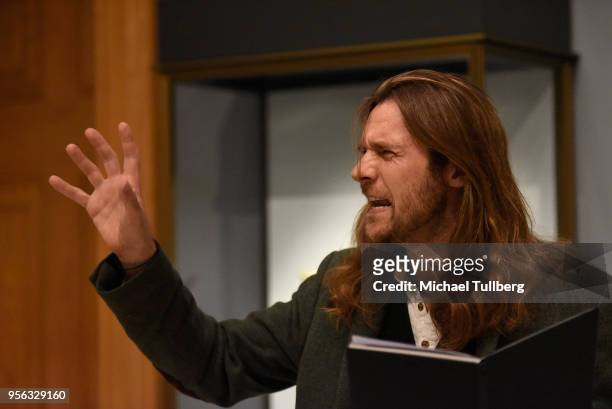 Filmmaker Oscar Sharp recites Gabriele Tinti's poetry at BritWeek at The Getty Villa on May 8, 2018 in Pacific Palisades, California.