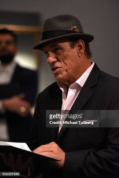 Actor Robert Davi recites poet Gabriele Tinti's poetry at BritWeek at The Getty Villa on May 8, 2018 in Pacific Palisades, California.