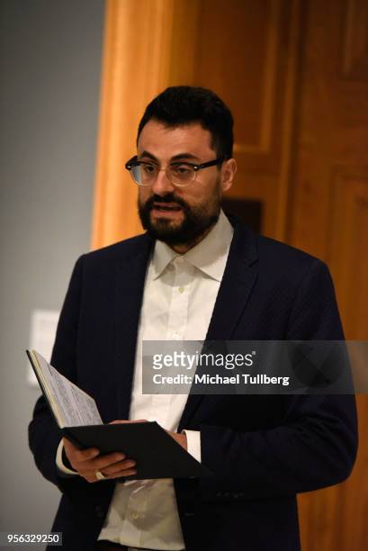 Poet Gabriele Tinti recites his poetry at BritWeek at The Getty Villa on May 8, 2018 in Pacific Palisades, California.