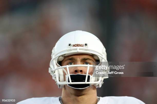 Quarterback Colt McCoy of the Texas Longhorns looks on before taking on the Alabama Crimson Tide in the Citi BCS National Championship game at the...