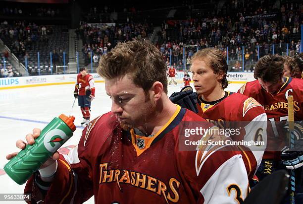 Eric Bolton of the Atlanta Thrashers gets set for action against the New York Rangers at Philips Arena on January 7, 2010 in Atlanta, Georgia.