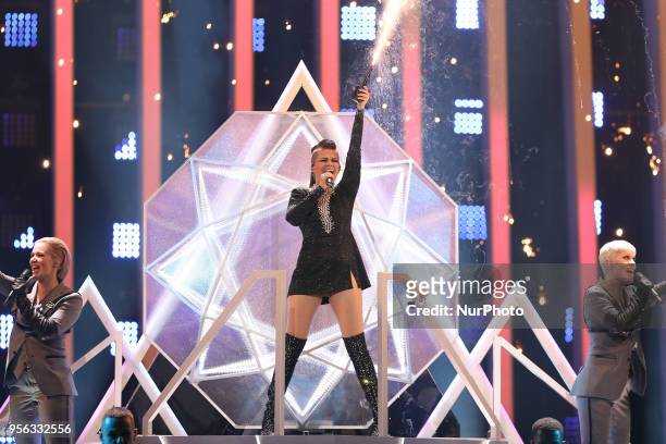 Singer Saara Aalto of Finland performs during the first semi-final of the 2018 Eurovision Song Contest, at the Altice Arena in Lisbon, Portugal on...