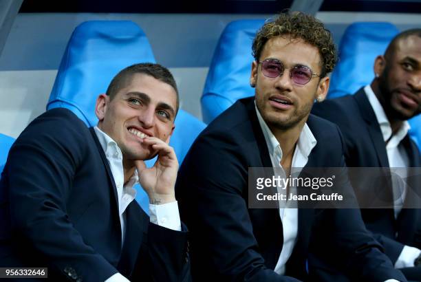 Marco Verratti, Neymar Jr of PSG seating on the bench before the French Cup final between Les Herbiers VF and Paris Saint-Germain at Stade de France...
