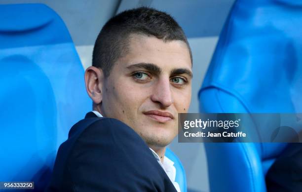 Marco Verratti of PSG seating on the bench before the French Cup final between Les Herbiers VF and Paris Saint-Germain at Stade de France on May 8,...