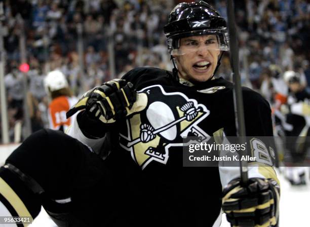 Sidney Crosby of the Pittsburgh Penguins celebrates his goal against the Philadelphia Flyers in the first period at Mellon Arena on January 7, 2010...