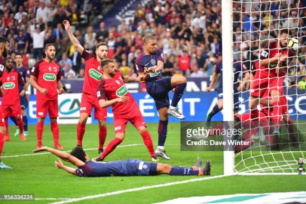 Kylian Mbappe of PSG scores a goal but it is disallowed by the video referee for a handball by Marquinhos of PSG during the French Cup Final between...