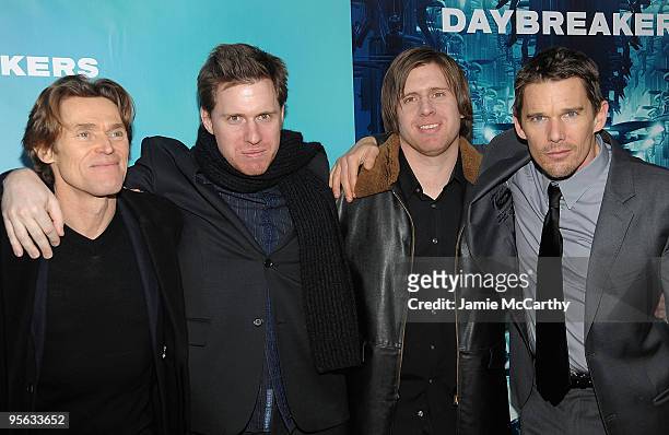 Willem Dafoe,director Peter Spierig,director Michael Spierig and Ethan Hawke attend the premiere of "Daybreakers" at the SVA Theater on January 7,...