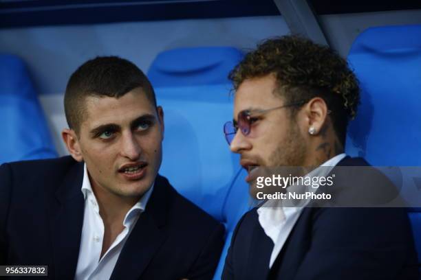 Neymar Jr, Marco Verratti during French Cup final between Les Herbiers VF and Paris Saint-Germain at Stade de France on May 8, 2018 in Saint-Denis...