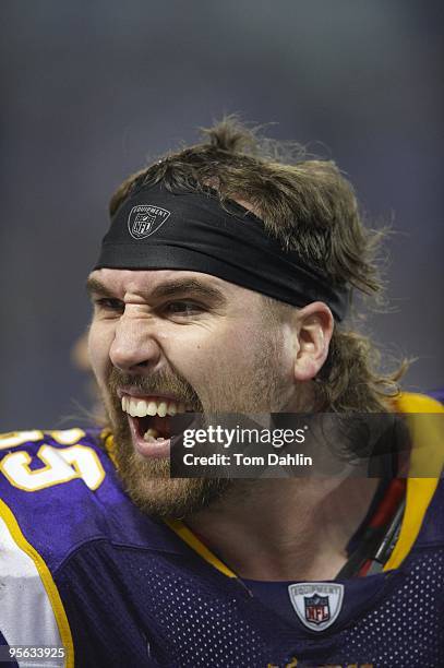 Closeup of Minnesota Vikings Jared Allen on sidelines during game vs New York Giants. Minneapolis, MN 1/3/2010 CREDIT: Tom Dahlin