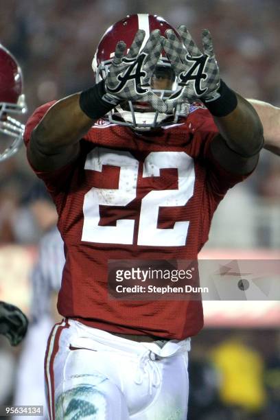 Running back Mark Ingram of the Alabama Crimson Tide celebrates a touchdown against the Texas Longhorns in the second quarter of the Citi BCS...