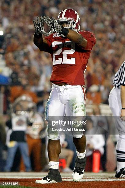 Running back Mark Ingram of the Alabama Crimson Tide celebrates a touchdown against the Texas Longhorns in the second quarter of the Citi BCS...