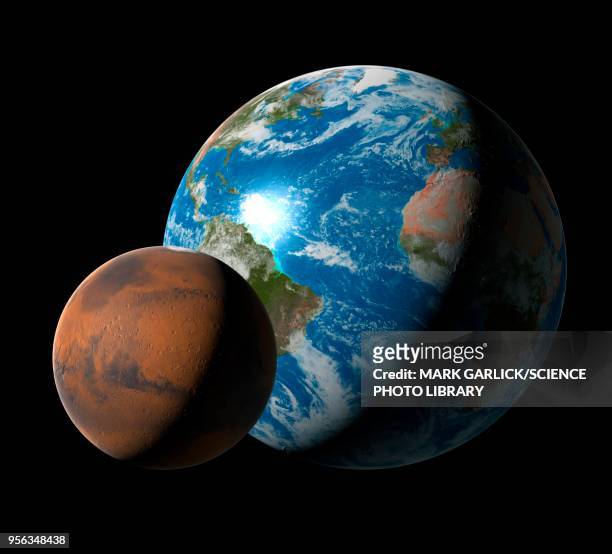 earth compared to mars, illustration - mars planet stock-grafiken, -clipart, -cartoons und -symbole