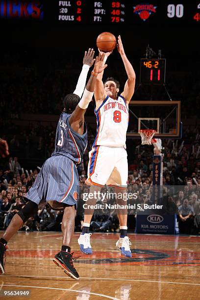 Danilo Gallinari of the New York Knicks shoots against Gerald Wallace of the Charlotte Bobcats on January 7, 2010 at Madison Square Garden in New...