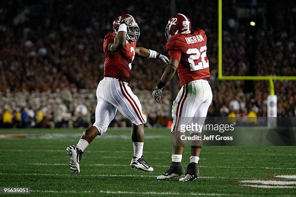 Running back Trent Richardson of the Alabama Crimson Tide celebrates with Mark Ingram after Richardson runs for a 49-yard touchdown against the Texas...