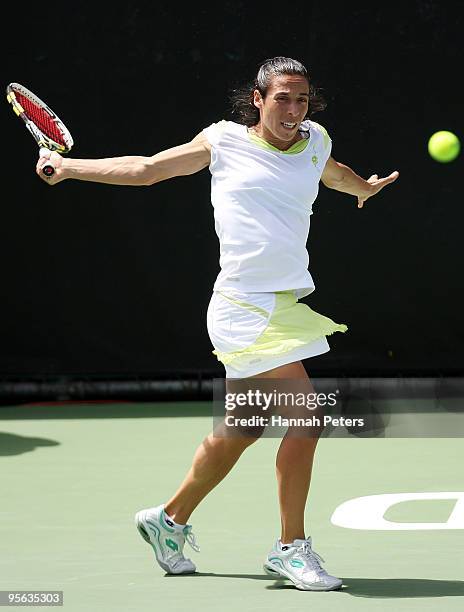 Francesca Schiavone of Italy plays a backhand in her semi final match against Flavia Pennetta of Italy during day five of the ASB Classic at ASB...