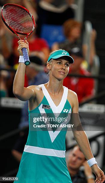 Elena Dementieva of Russia celebrates her victory over Laura Robson of Britain during their singles tennis match on the tenth session during day...