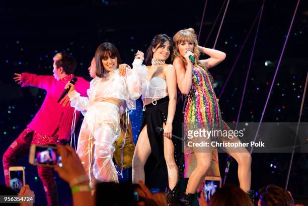Charli XCX, Camila Cabello and Taylor Swift perform onstage during opening night of Taylor Swift's 2018 Reputation Stadium Tour at University of...