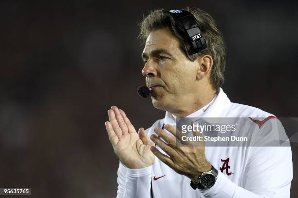 Head Coach Nick Saban of the Alabama Crimson Tide stands on the sidelines during the Citi BCS National Championship game against the Texas Longhorns...