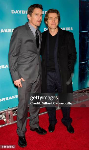 Actors Ethan Hawke and Willem Dafoe attend the premiere of "Daybreakers" at the SVA Theater on January 7, 2010 in New York City.