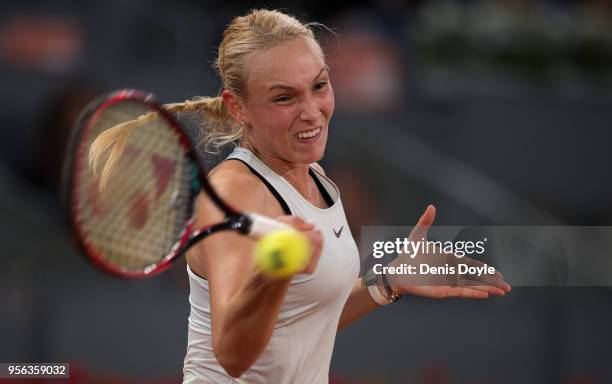 Donna Vekic of Croatia plays a forehand to Garbine Muguruza of Spain in their 2nd Round match in day four of the Mutua Madrid Open tennis tournament...