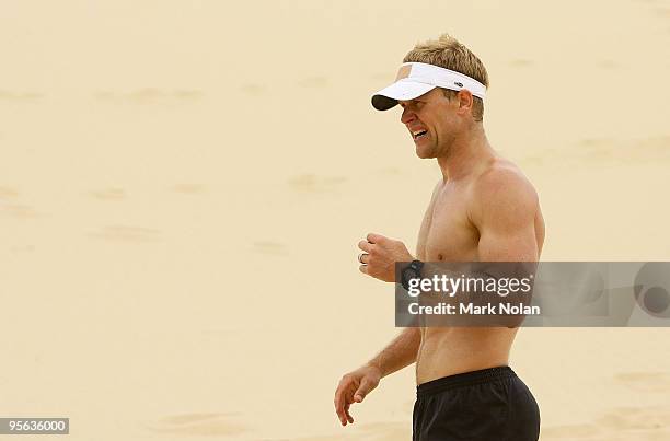 Ryan O'Keefe takes a break during a Sydney Swans AFL training session at the Kurnell sand dunes on January 8, 2010 in Sydney, Australia.