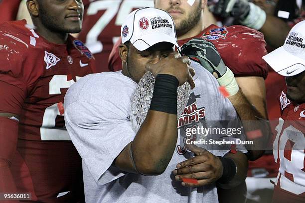 Running back Mark Ingram of the Alabama Crimson Tide celebrates with the BCS Championship trophy after winning the Citi BCS National Championship...