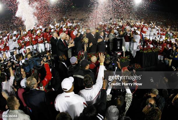 Head coach Nick Saban and the Alabama Crimson Tide celebrate with the BCS Championship trophy after winning the Citi BCS National Championship game...