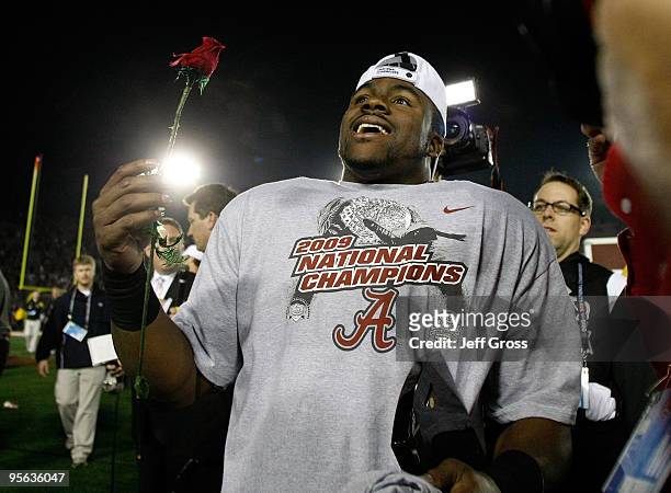 Running back Mark Ingram of the Alabama Crimson Tide celebrates after winning the Citi BCS National Championship game over the Texas Longhorns at the...