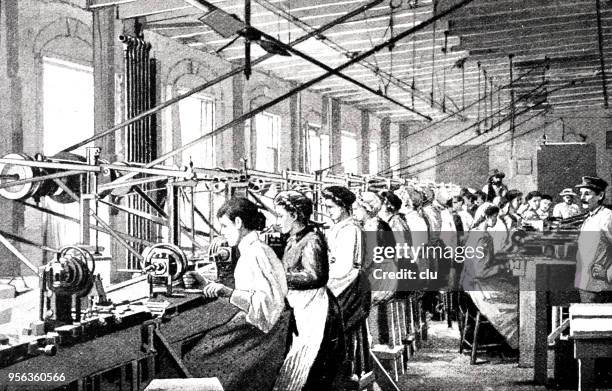 ilustrações de stock, clip art, desenhos animados e ícones de mother-of-pearl industry: mississippi - knob grinding in a factory by female workers - revolução industrial