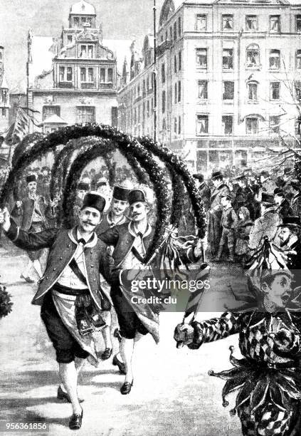 schäfflertanz is a dance of the schäffler (barrel cooper, barrel manufacturer), originally from munich, - karlsplatz munich stock illustrations