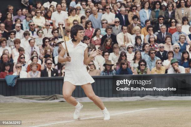American tennis player Billie Jean King pictured in action against Evonne Goolagong of Australia in the final of the Ladies' Singles tournament at...