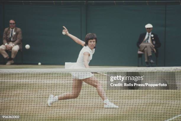 American tennis player Billie Jean King pictured in action against fellow American tennis player Rosemary Casals in the semifinals of the Ladies'...