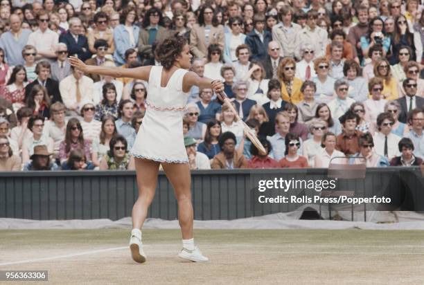 Australian tennis player Evonne Goolagong pictured in action against American tennis player Billie Jean King in the final of the Ladies' Singles...