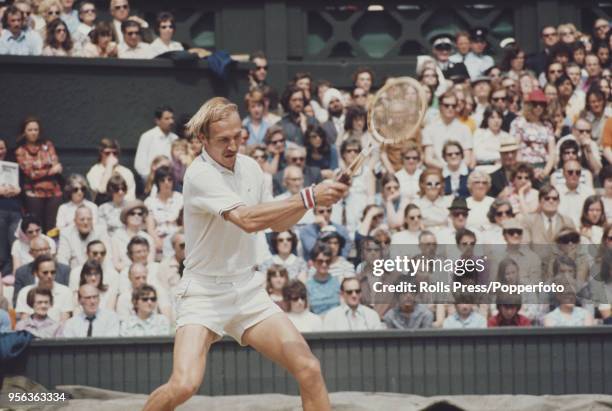 American tennis player Stan Smith pictured in action against Czech tennis player Jan Kodes in the semifinals of the Men's Singles tournament at the...