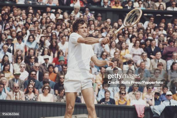 Czech tennis player Jan Kodes pictured in action against American tennis player Stan Smith in the semifinals of the Men's Singles tournament at the...
