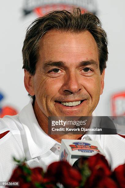 Head coach Nick Saban of the Alabama Crimson Tide speaks during a press conference after winning the Citi BCS National Championship game over the...