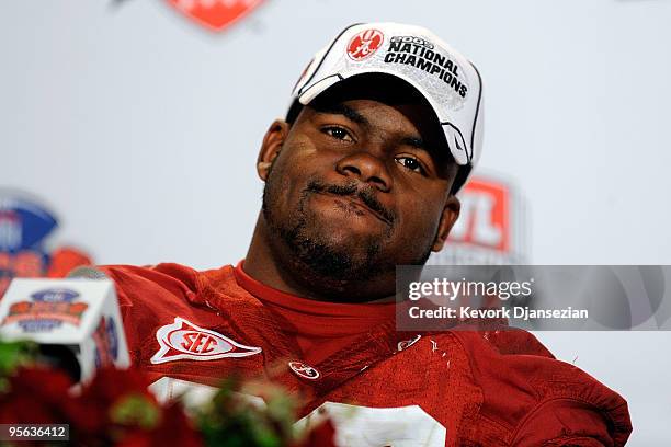 Running back Mark Ingram of the Alabama Crimson Tide speaks during a press conference after winning the Citi BCS National Championship game over the...