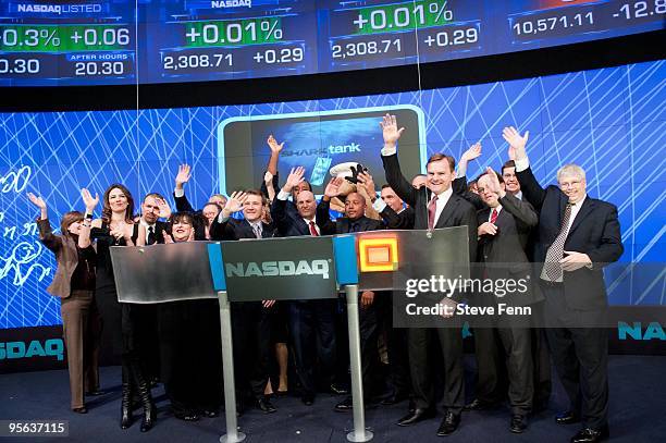 Walt Disney Television via Getty Images's Shark Tank rings the NASDAQ closing bell in New York City, . SHARK TANK CAST