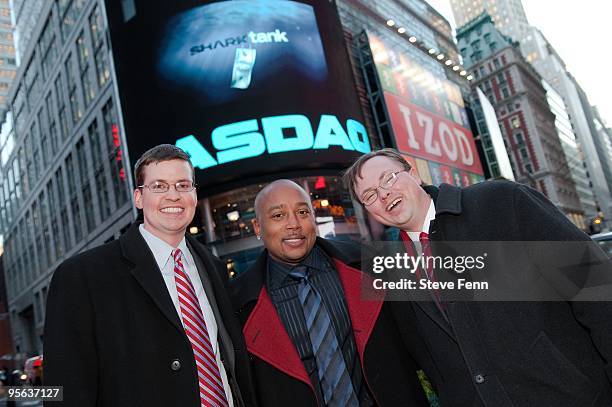 Walt Disney Television via Getty Images's Shark Tank rings the NASDAQ closing bell in New York City, . Also on hand were entrepreneurs Heath Hall and...