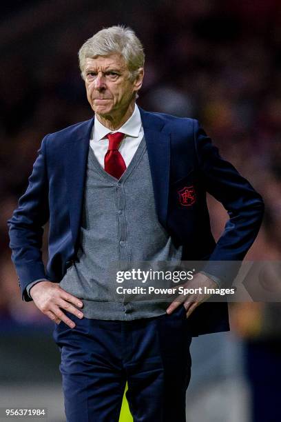 Coach Arsene Wenger of Arsenal FC reacts during the UEFA Europa League 2017-18 semi-finals match between Atletico de Madrid and Arsenal FC at Wanda...