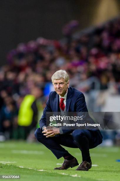 Coach Arsene Wenger of Arsenal FC reacts during the UEFA Europa League 2017-18 semi-finals match between Atletico de Madrid and Arsenal FC at Wanda...