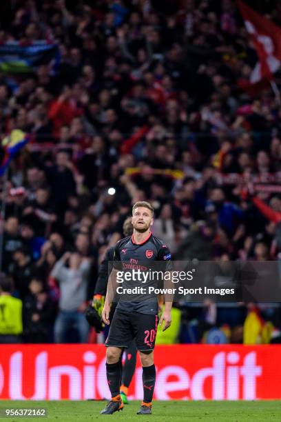 Shkodran Mustafi of Arsenal FC reacts after the UEFA Europa League 2017-18 semi-finals match between Atletico de Madrid and Arsenal FC at Wanda...