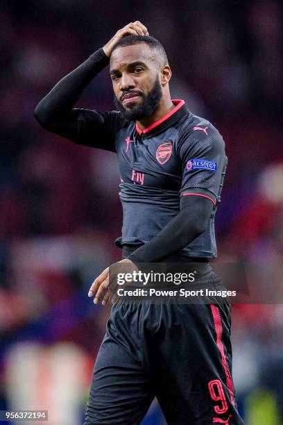 Alexandre Lacazette of Arsenal FC reacts after the UEFA Europa League 2017-18 semi-finals match between Atletico de Madrid and Arsenal FC at Wanda...