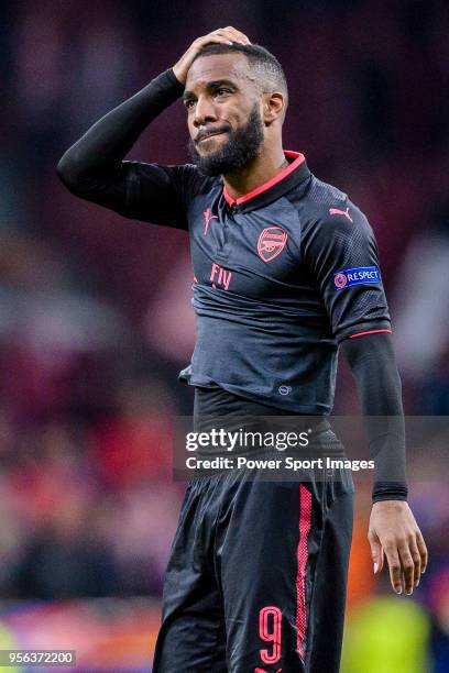 Alexandre Lacazette of Arsenal FC reacts after the UEFA Europa League 2017-18 semi-finals match between Atletico de Madrid and Arsenal FC at Wanda...