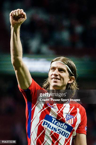 Filipe Luis of Atletico de Madrid reacts after the UEFA Europa League 2017-18 semi-finals match between Atletico de Madrid and Arsenal FC at Wanda...