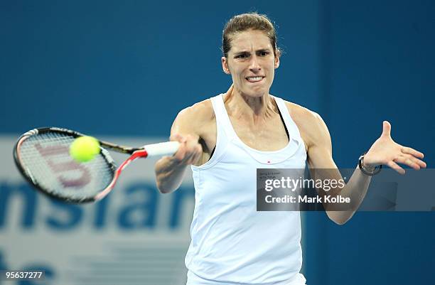 Andrea Petkovic of Germany plays a forehand in her semi-final match against Kim Clijsters of Belgium during day six of the Brisbane International...