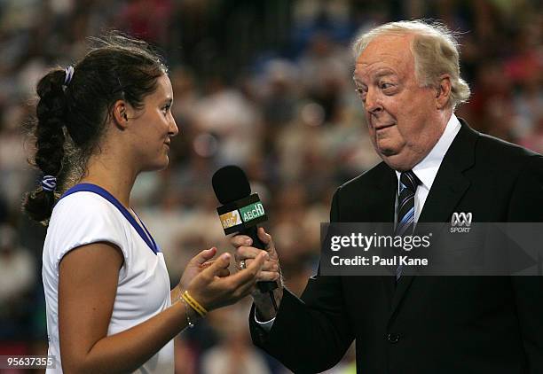 Laura Robson is interviewed courtside by Fred Stole after playing her mixed doubles match with Andy Murray against Igor Andreev and Elena Dementieva...