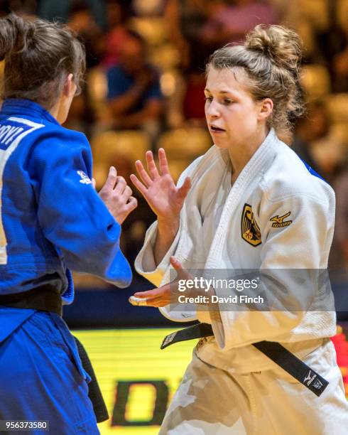 Theresa Stoll of Germany prepares to grip Nora Gjakova of Kosovo in the u57kg final eventually losing the gold medal by a hold for ippon during day...